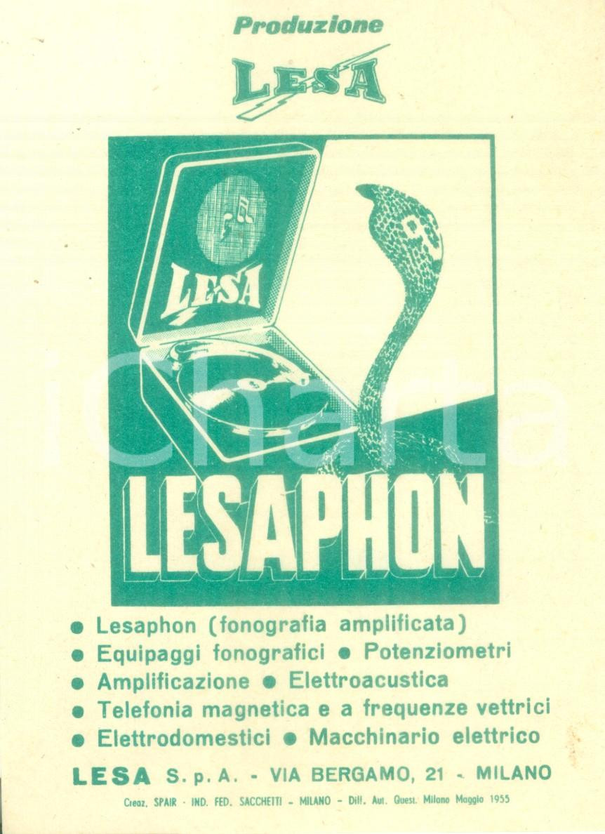 Materiale pubblicitario d’epoca 1955 MILANO Apparecchi LESAPHON fonografia amplificata Volantino ILLUSTRATO 1