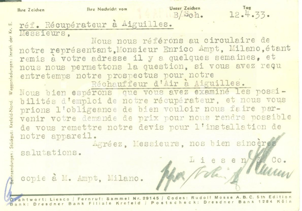 Cartolina originale da collezione 1933 KREFELD DE Ditta LIESEN & Co. Cartolina commerciale FP VG 1