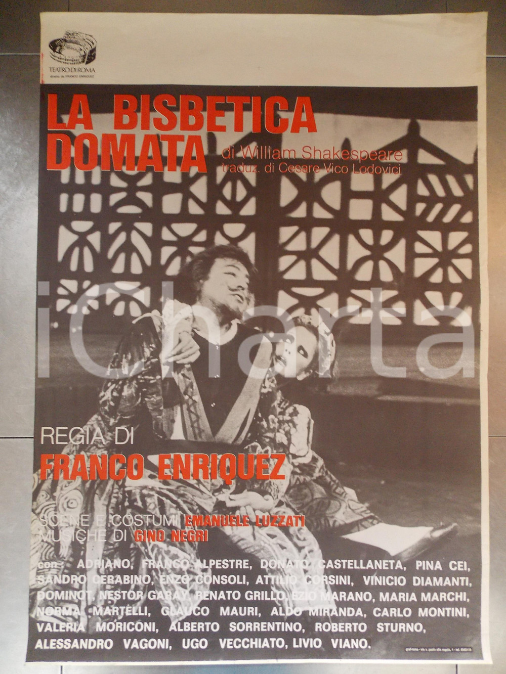 Materiale pubblicitario d’epoca 1962 ROMA TEATRO La bisbetica domata di Franco ENRIQUEZ Manifesto cm 100 x 70 1