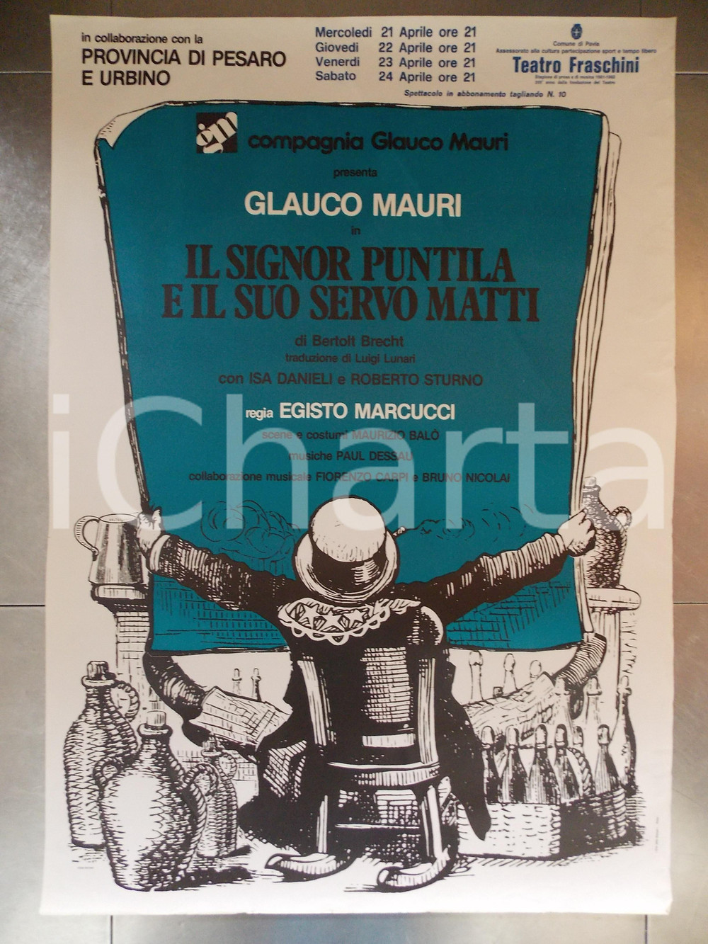 Materiale pubblicitario d’epoca 1982 PAVIA TEATRO FRASCHINI Compagnia Glauco MAURI Il signor Puntila Manifesto 1