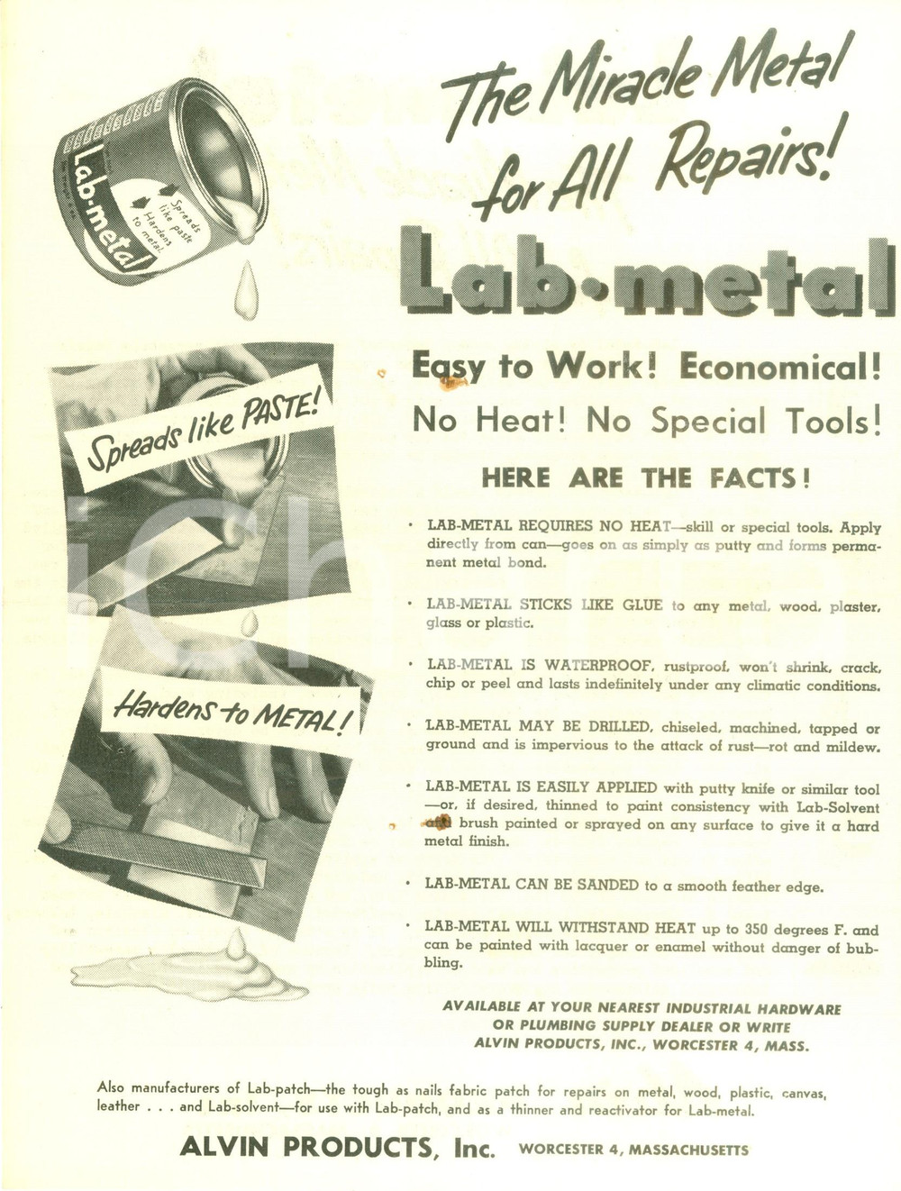 Materiale pubblicitario d’epoca 1960 ca WORCESTER USA Il miracoloso LABMETAL per ogni riparazione VOLANTINO 1