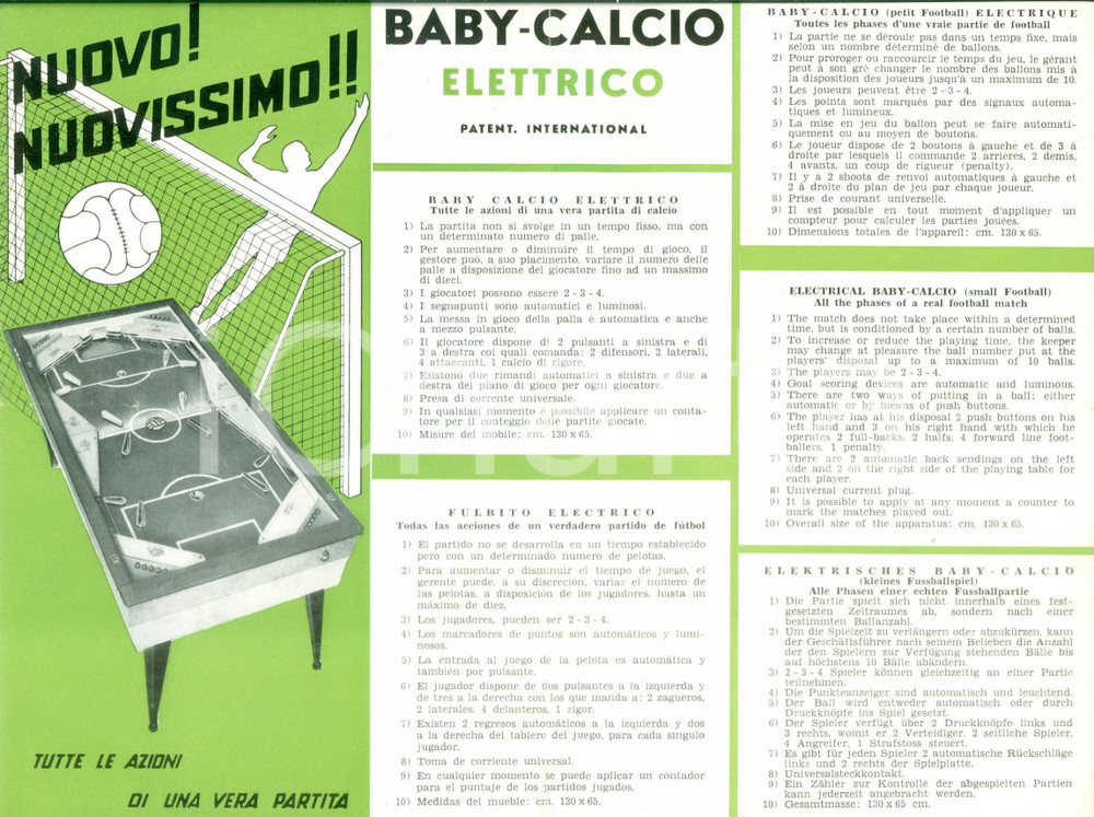 Materiale pubblicitario d’epoca 1960 ca CALCIO DA TAVOLO Baby calcio elettrico Volantino ILLUSTRATO 1
