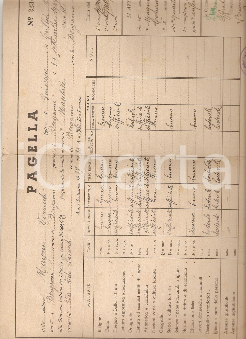 Oggetto da collezione cartaceo 1938 BERGAMO Scuola elementare maschile Pagella Corrado MAGNI DANNEGGIATA 1