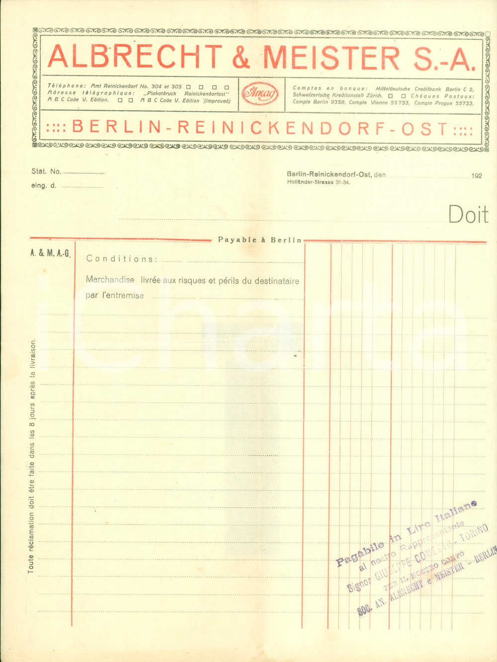 Documento originale, autentico 1920 ca BERLIN REINICKENDORF Albrecht & Meister Fattura non compilata 1