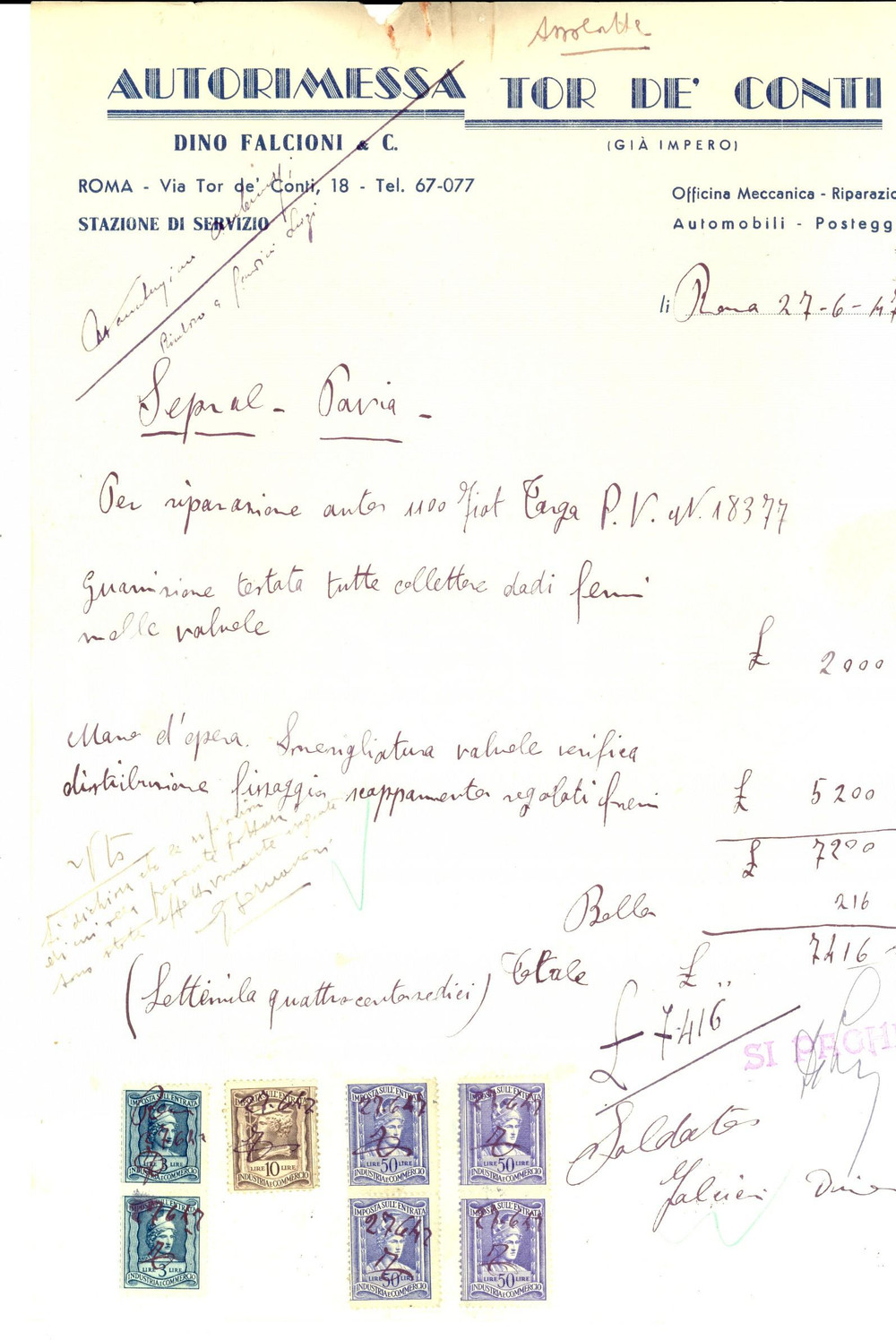 1947 ROMA Autorimessa TOR DE' CONTI Officina riparazioni *Fattura manoscritta