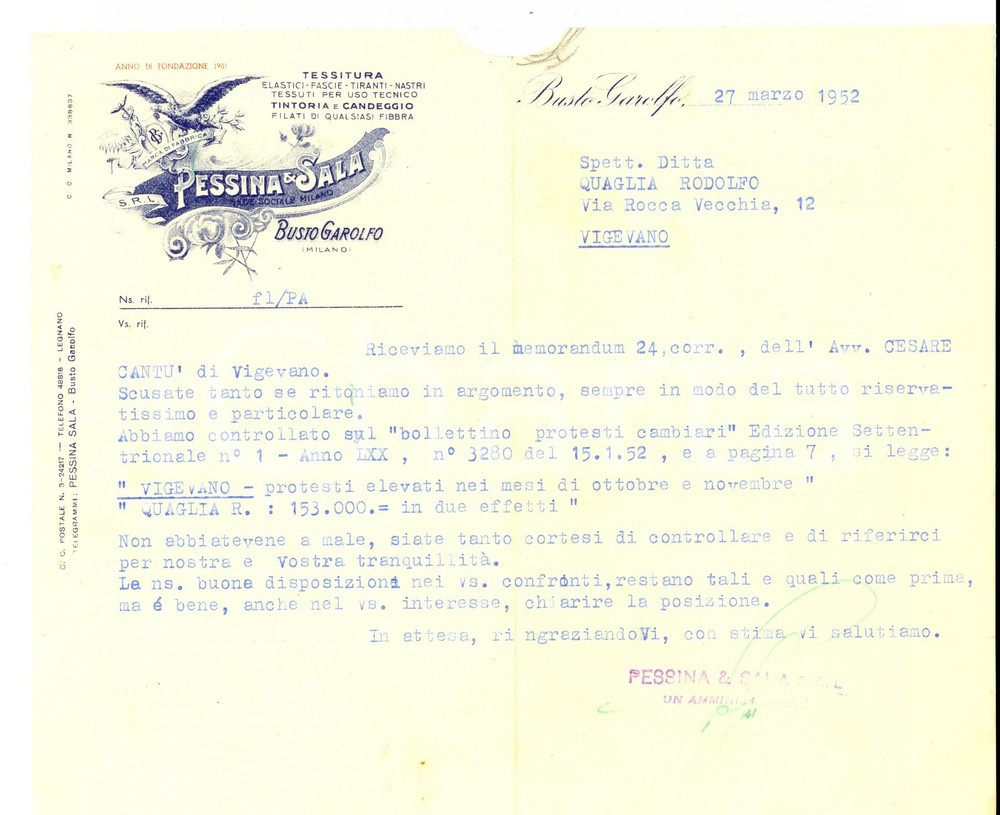 Documento originale, autentico 1952 BUSTO GAROLFO MI Ditta PESSINA & SALA Tessitura Lettera carta intestata 1
