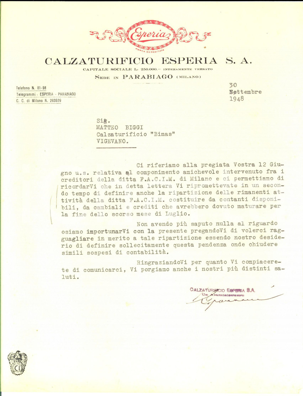 Documento originale, autentico 1948 PARABIAGO Calzaturificio ESPERIA Lettera commerciale su carta intestata 1