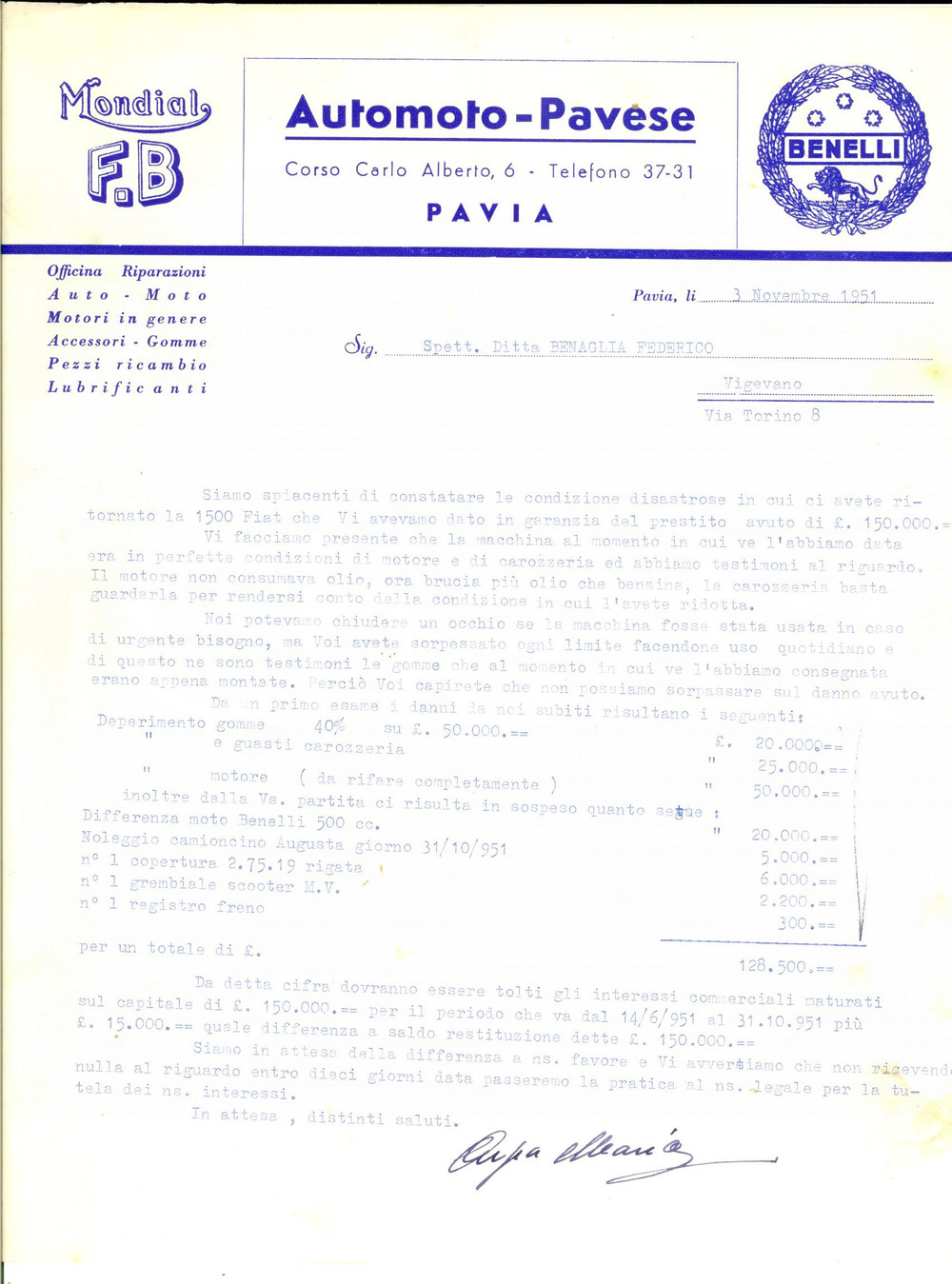 Documento originale, autentico 1951 PAVIA Automoto PAVESE BENELLI Lettera su FIAT 1500 incidentata 1