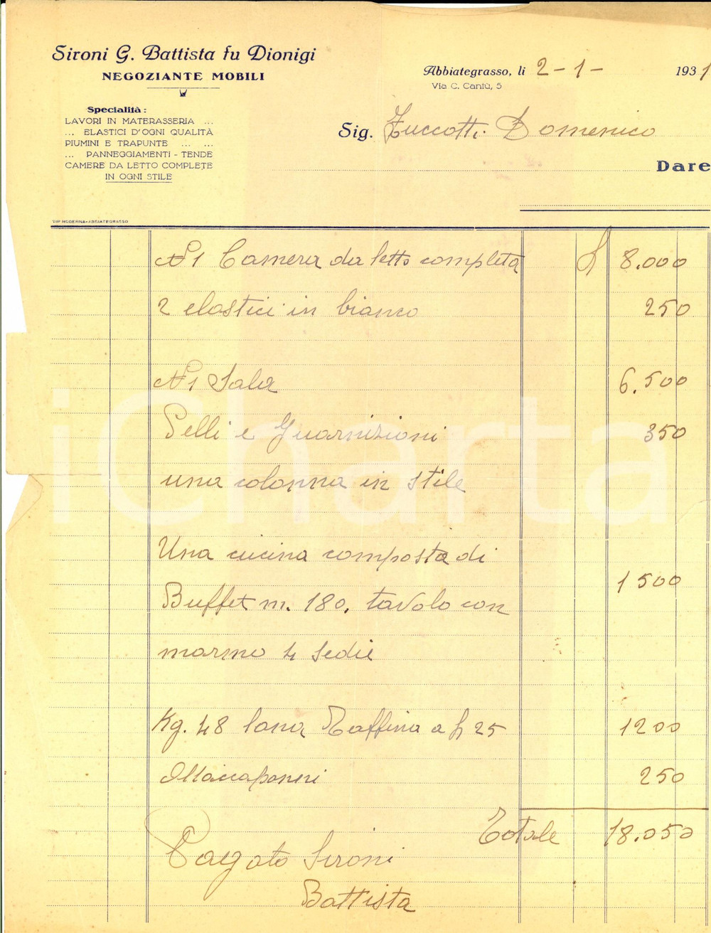 Documento originale, autentico 1931 ABBIATEGRASSO MI Giovanni Battista SIRONI Negoziante mobili Fattura 1