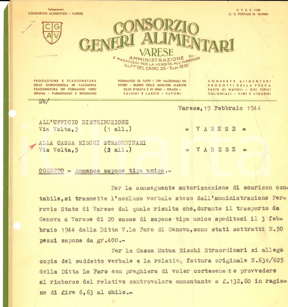 Documento originale, autentico 1944 RSI VARESE Consorzio Generi Alimentari  Furto di sapone in viaggio 1