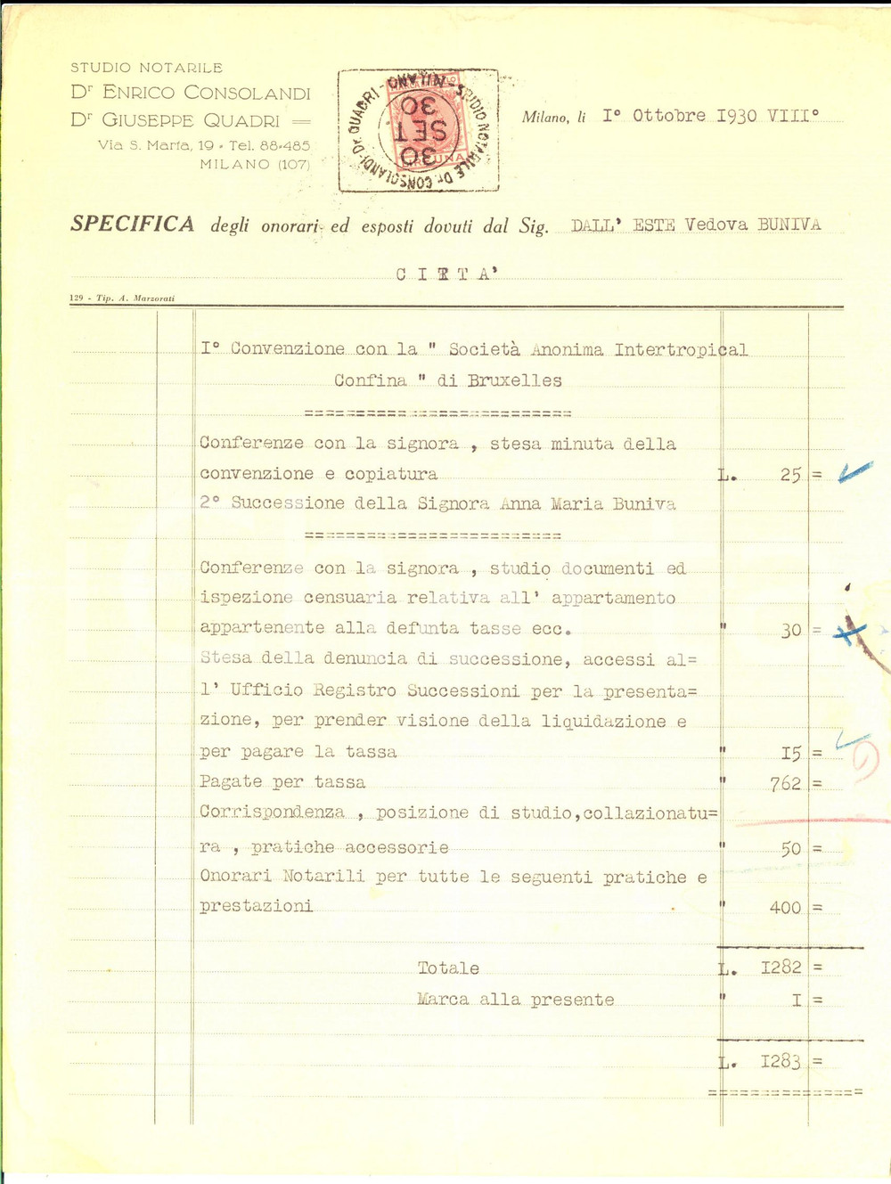 Manoscritto, lettera originale 1930 MILANO Conto dello studio dei notai Enrico CONSOLANDI e Giuseppe QUADRI 1