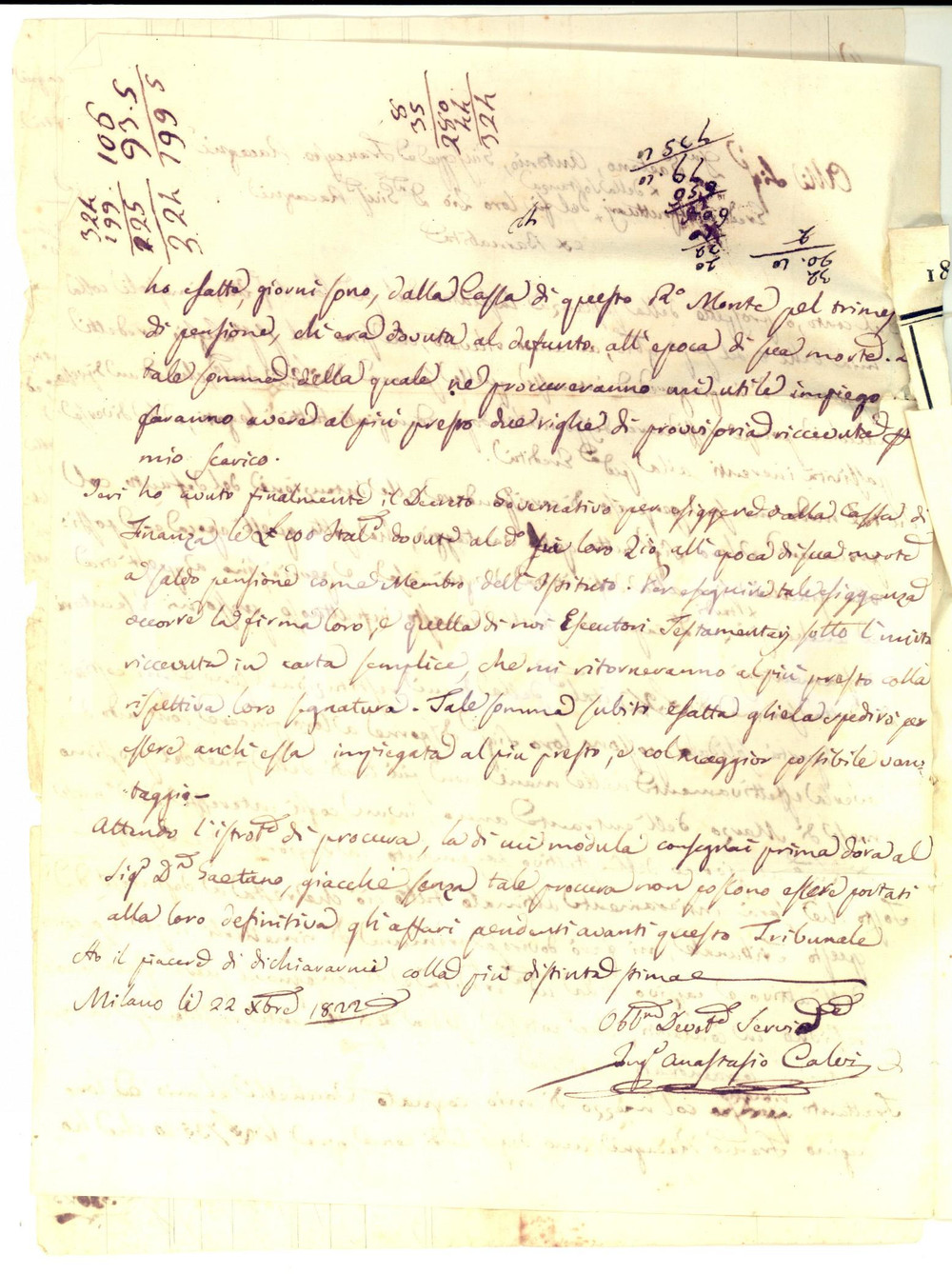 Manoscritto, lettera originale 1822 MILANO Ing. Anastasio CALVI su ereditÃ  di don Giuseppe RACCAGNI Lettera 1
