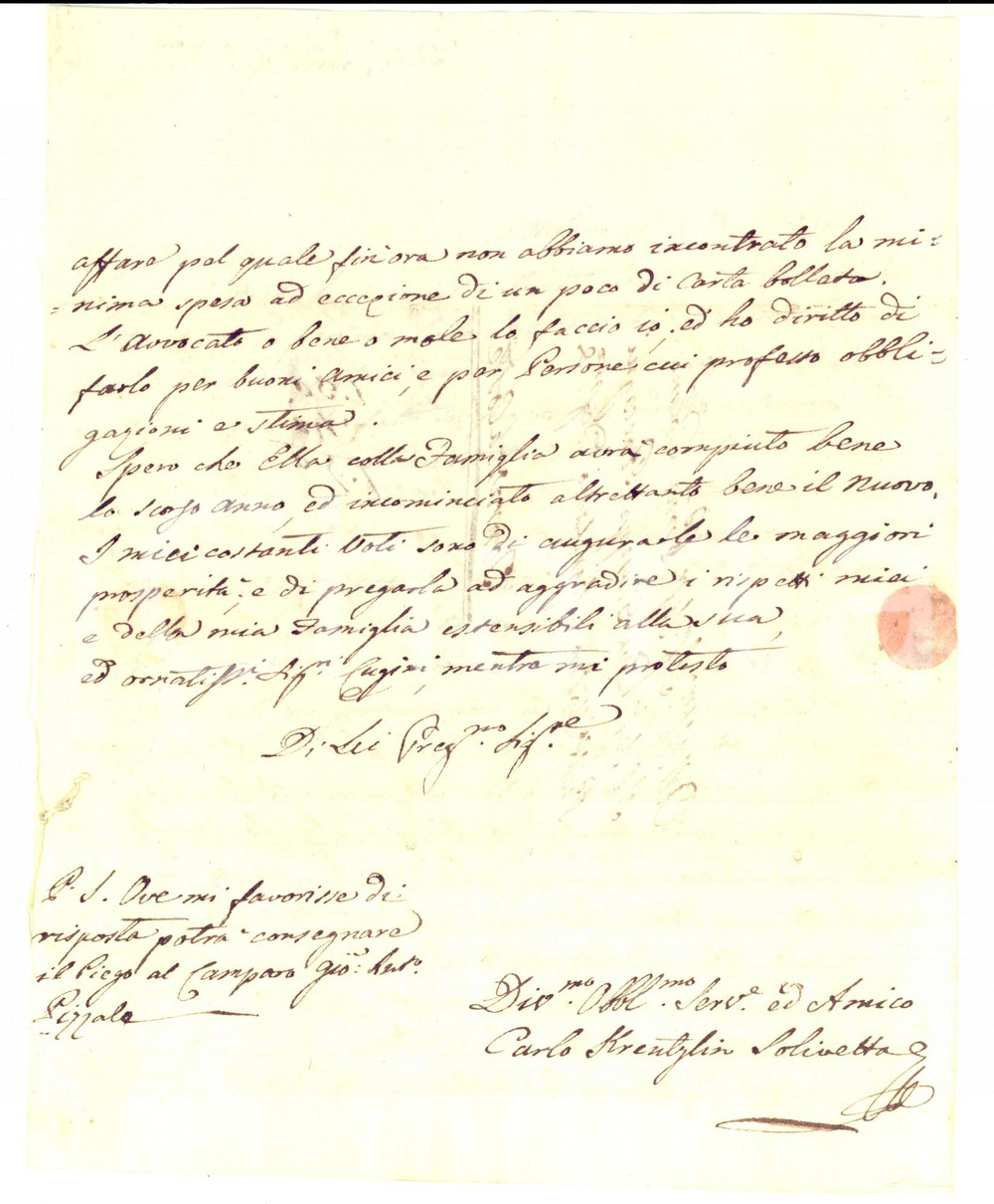 Manoscritto, lettera originale 1831 MILANO Espedienti Carlo KRENTZLIN SOLIVETTA per agevolare una pratica 1