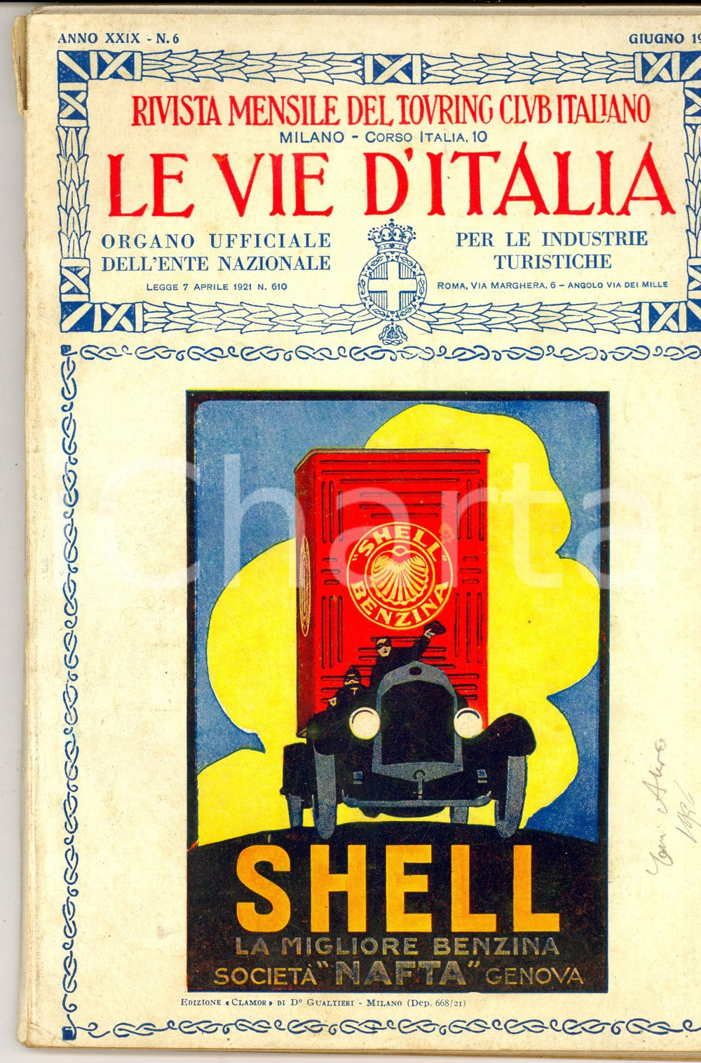 Giornale, rivista storica 1923 LE VIE D ITALIA TCI Progetto ARATA per grattacielo a Milano Anno XXIX n°6 1