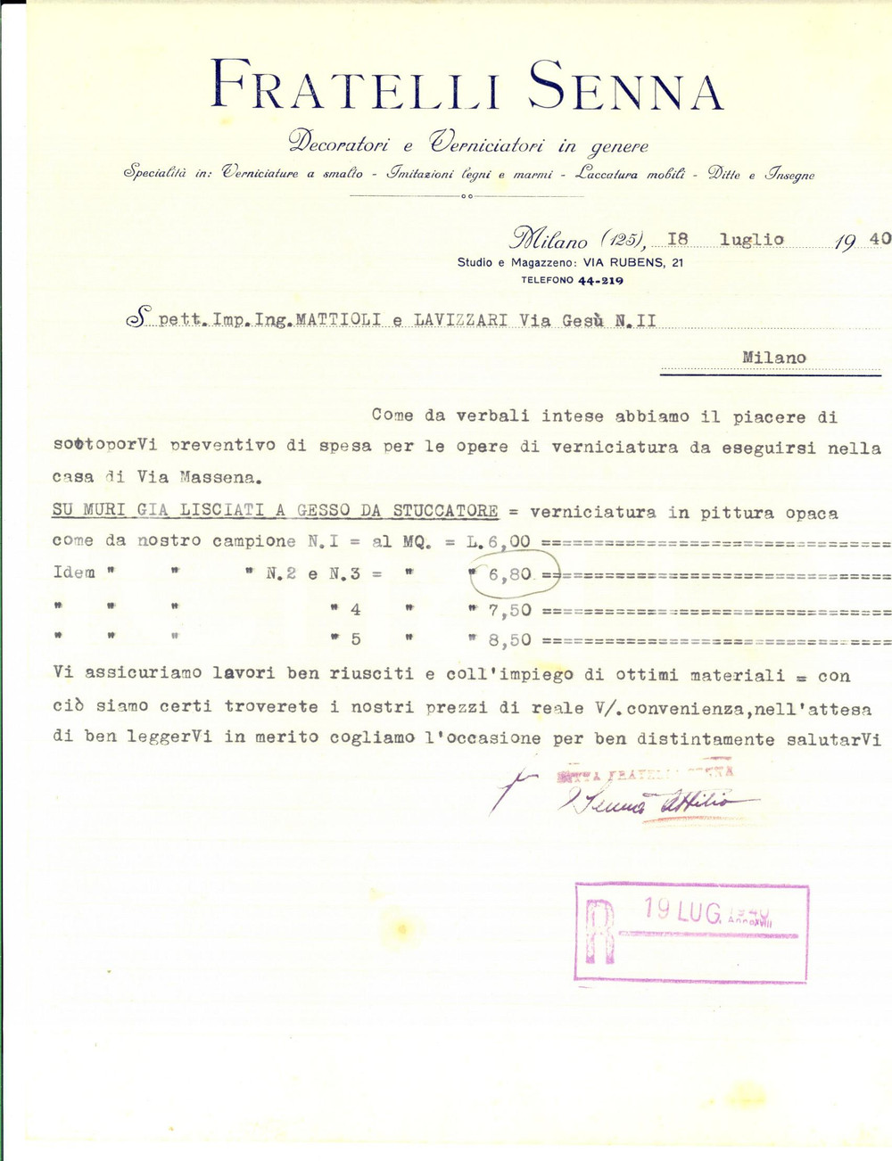 Documento originale, autentico 1940 MILANO Fratelli SENNA Decoratori  Preventivo verniciatura Carta intestata 1