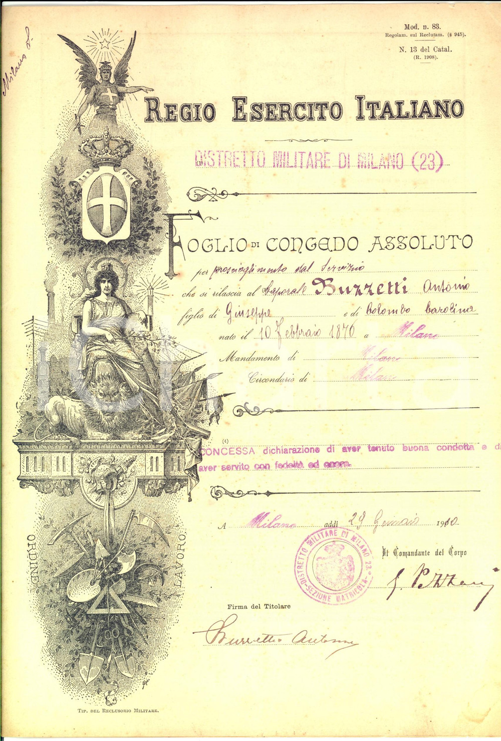 Documento originale, autentico 1910 MILANO Congedo illimitato del caporale Antonio BUZZETTI Documento 1