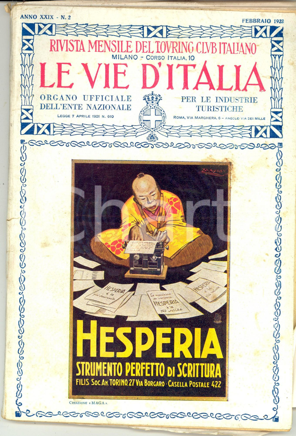 Giornale, rivista storica 1923 LE VIE D ITALIA TCI Per uno sgravio fiscale della benzina nÂ°2 DANNEGGIATA 1