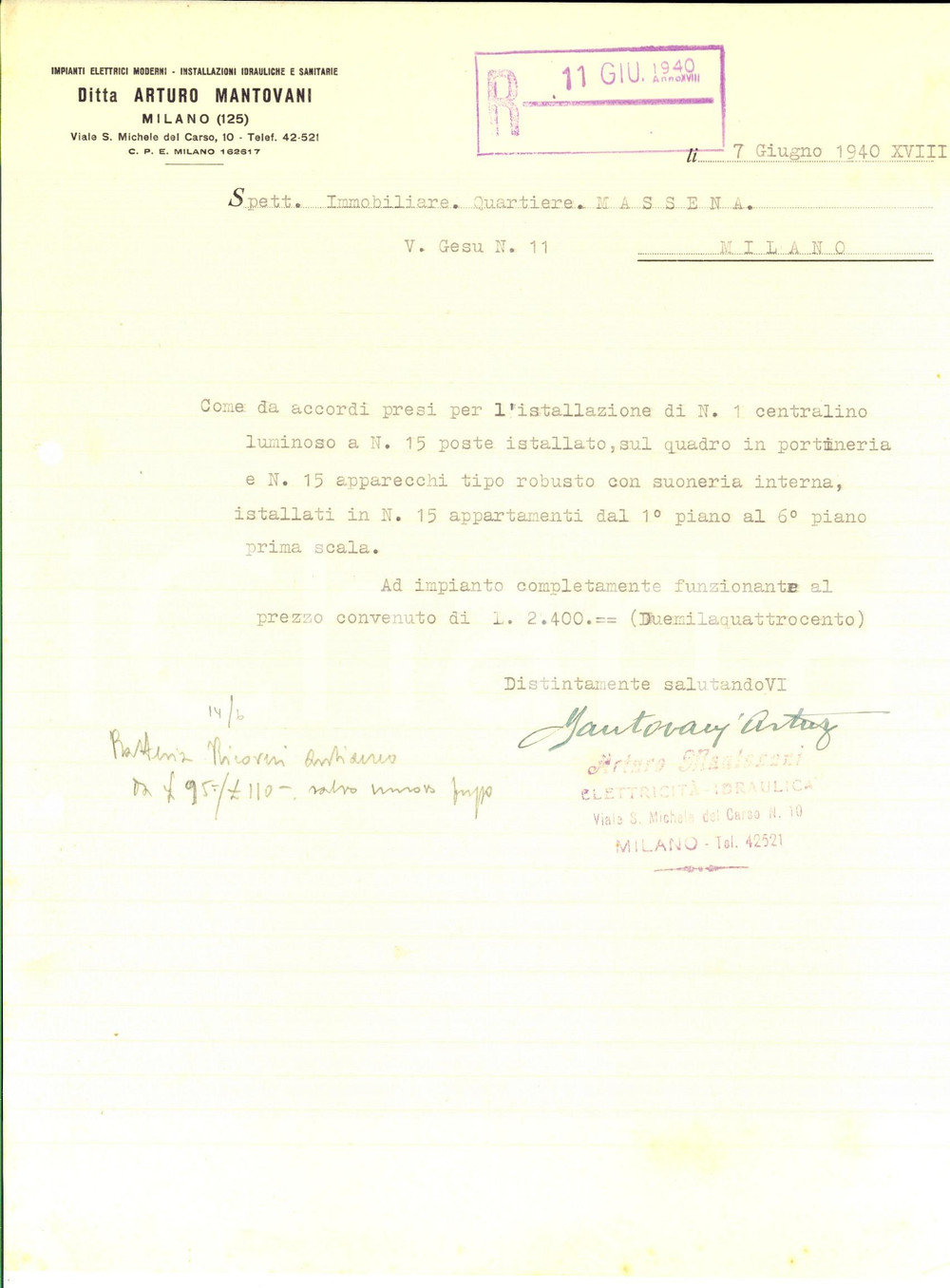 Documento originale, autentico 1940 MILANO Ditta Arturo MANTOVANI  Preventivo per centralino Carta intestata 1