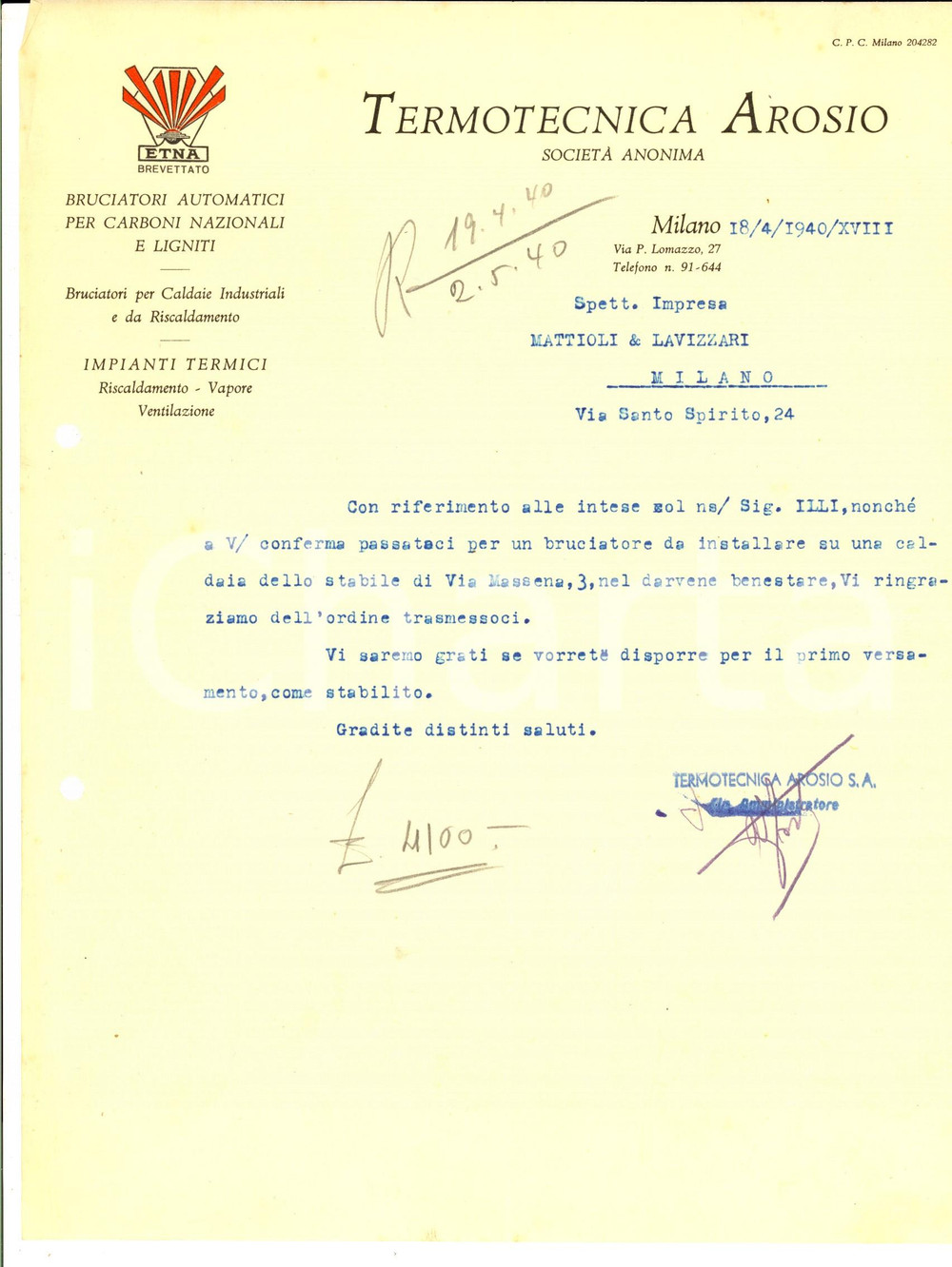 Documento originale, autentico 1940 MILANO Termotecnica AROSIO  Lettera per un bruciatore Carta intestata 1