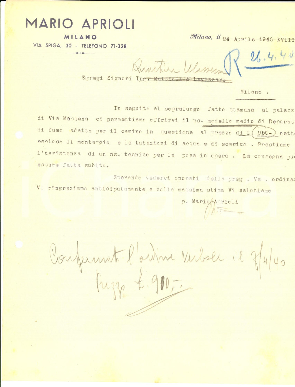 Documento originale, autentico 1940 MILANO Ditta Mario APRIOLI  Preventivo per depuratore Carta intestata 1