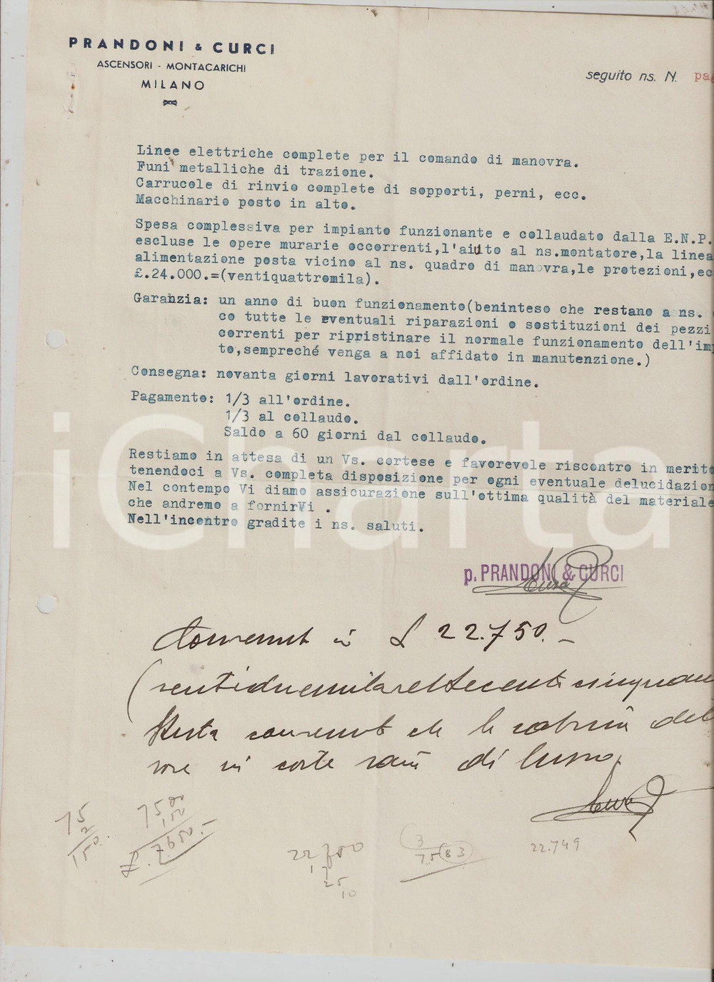 Documento originale, autentico 1940 MILANO Ditta PRANDONI & CURCI Preventivo per ascensore elettrico SABIEM 1