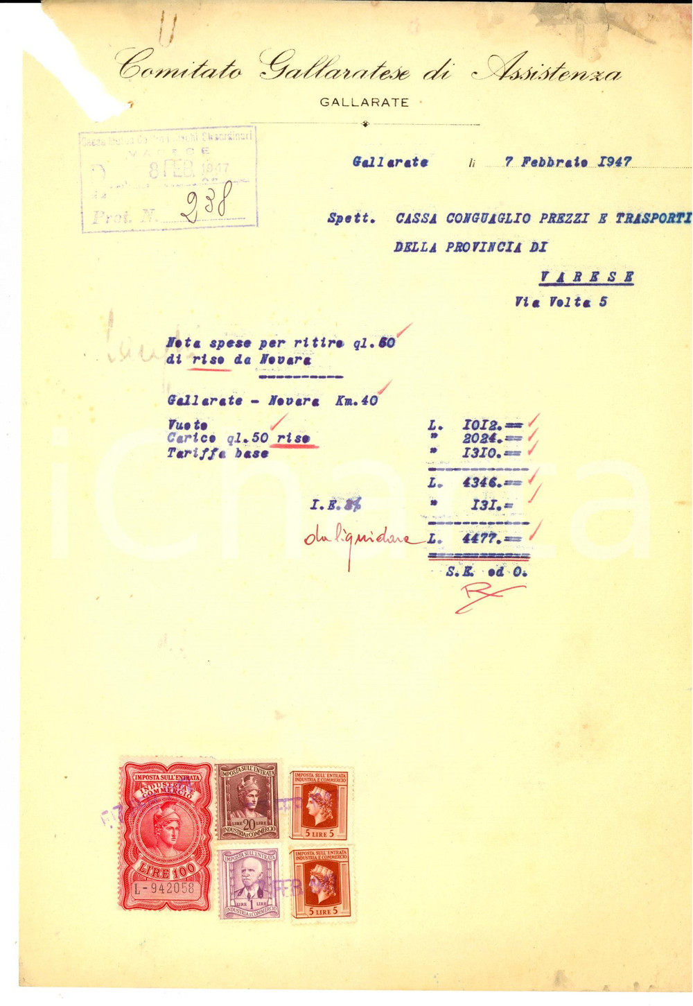 Documento originale, autentico 1947 GALLARATE Comitato Gallaratese di Assistenza  Ritiro di riso Nota spese 1