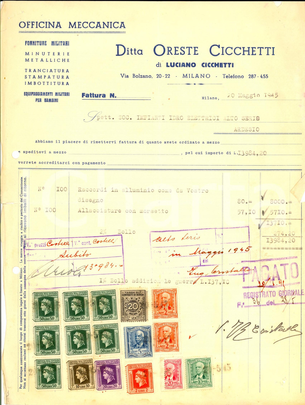 Documento originale, autentico 1940 MILANO Ditta Oreste CICCHETTI Officina meccanica Fattura intestata 1