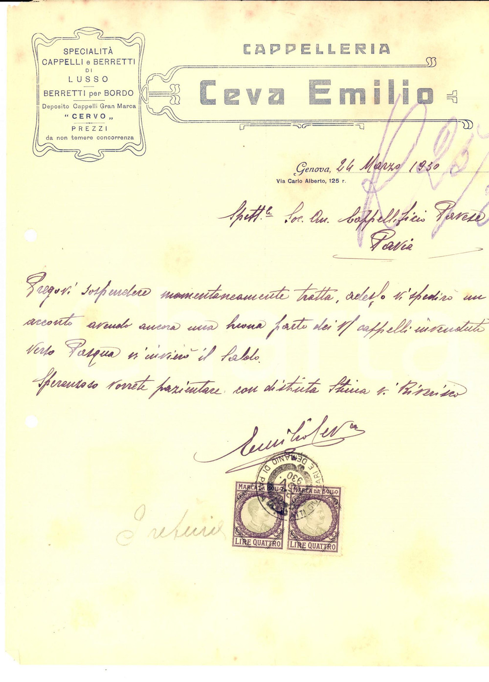 Documento originale, autentico 1930 GENOVA Cappelleria Emilio CEVA berretti di lusso Lettera carta intestata 1