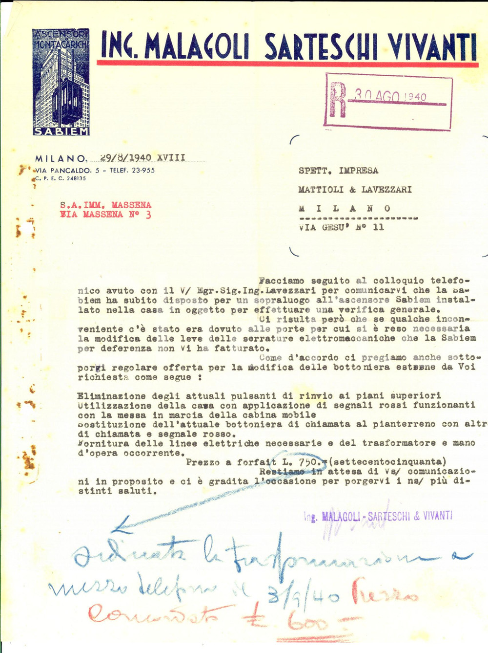 Documento originale, autentico 1940 MILANO Ditta MALAGOLI SARTESCHI VIVANTI su ascensore difettoso Lettera 1