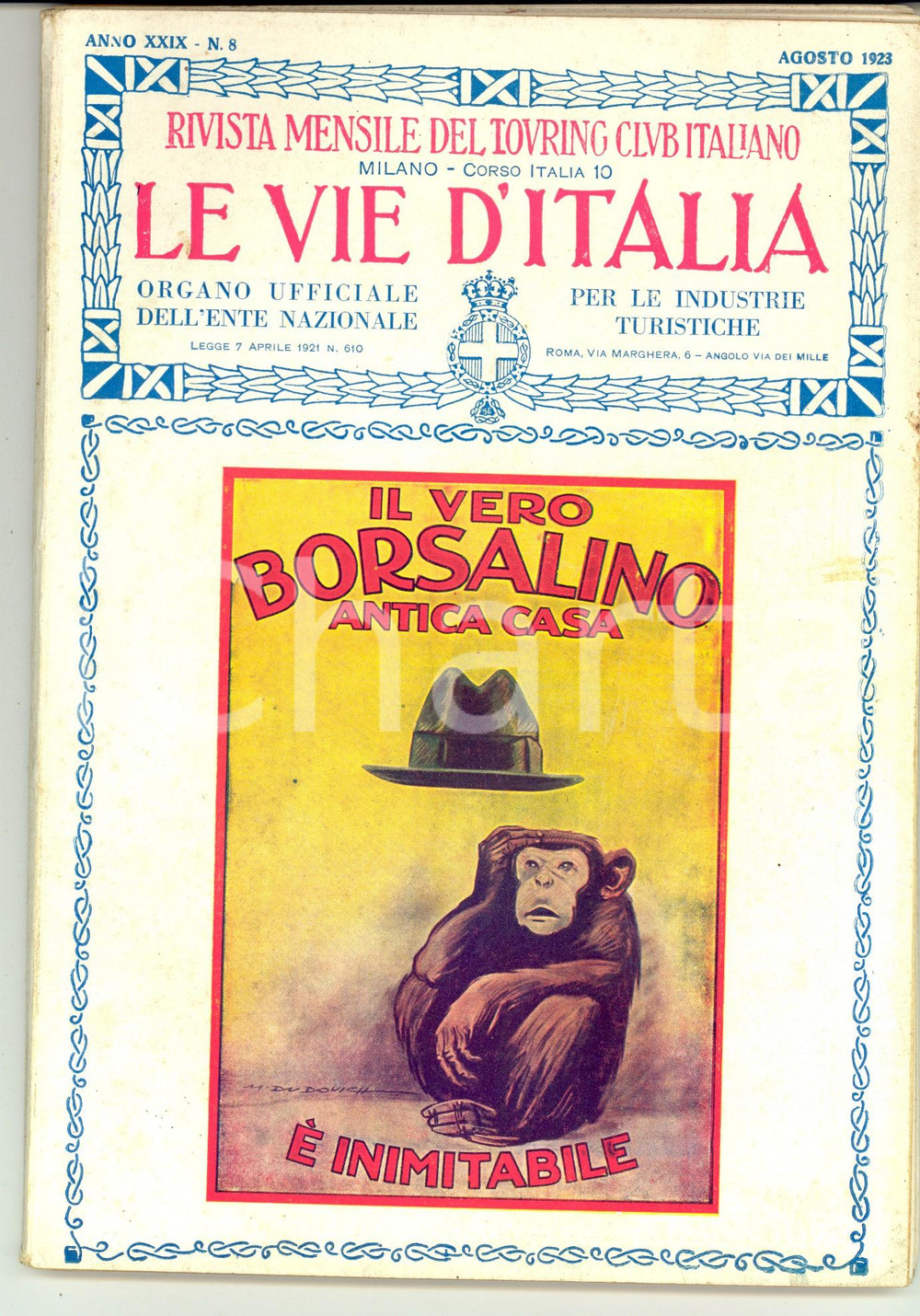 Giornale, rivista storica 1923 LE VIE D ITALIA TCI La 1 Mostra Alberghiera TOURING Anno XXIX n° 8 1