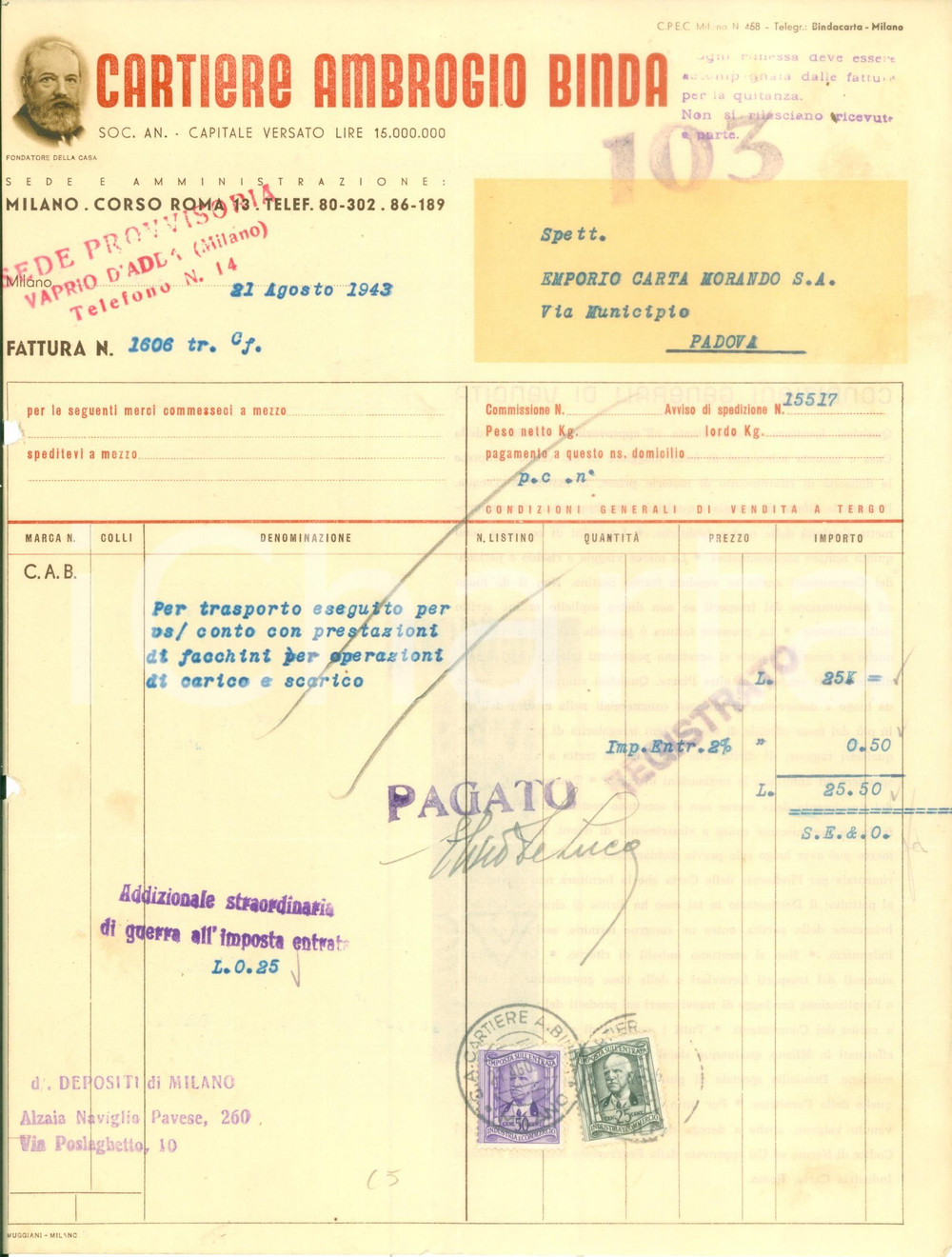 Documento originale, autentico 1943 VAPRIO D ADDA MI WW2 Cartiere Ambrogio BINDA in sede provvisoria Fattura 1