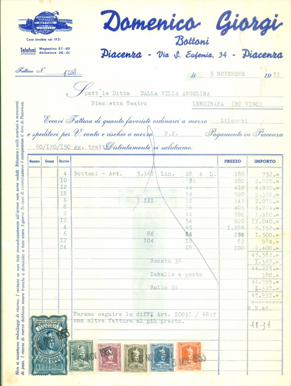 Documento originale, autentico 1953 PIACENZA Domenico GIORGI Manifattura bottoni Fattura DANNEGGIATA 1