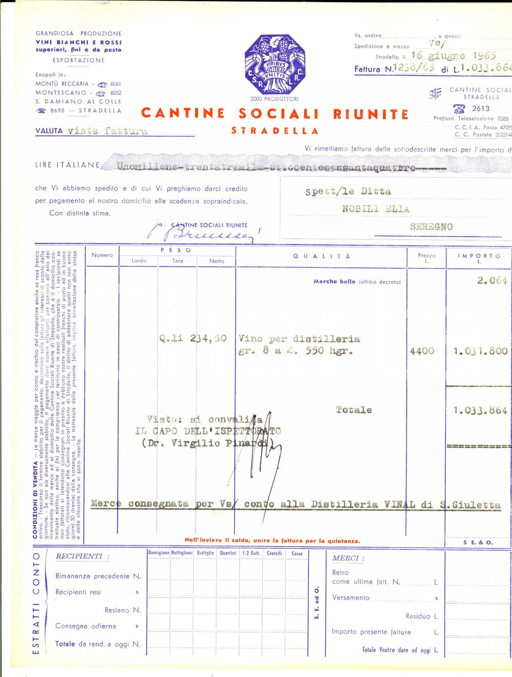 Documento originale, autentico 1965 STRADELLA PV CANTINE SOCIALI  Fattura per partita di vino 1