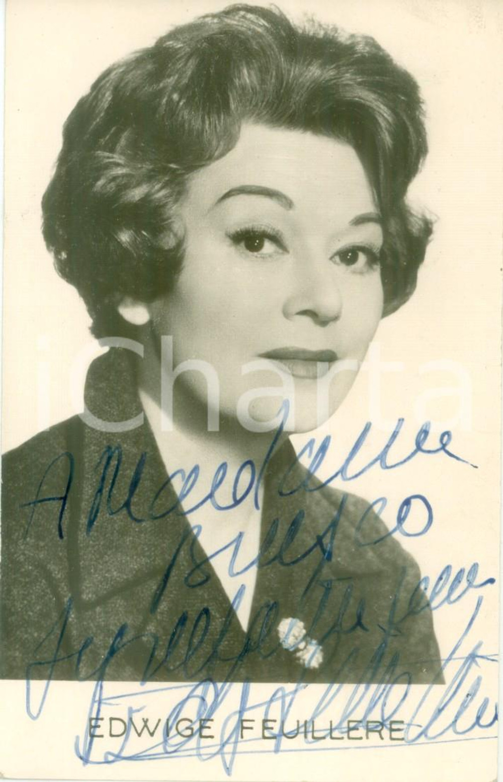 Autografo originale 1960 ca CINEMA Attrice Edwige FEUILLERE Cartolina con dedica AUTOGRAFA 1