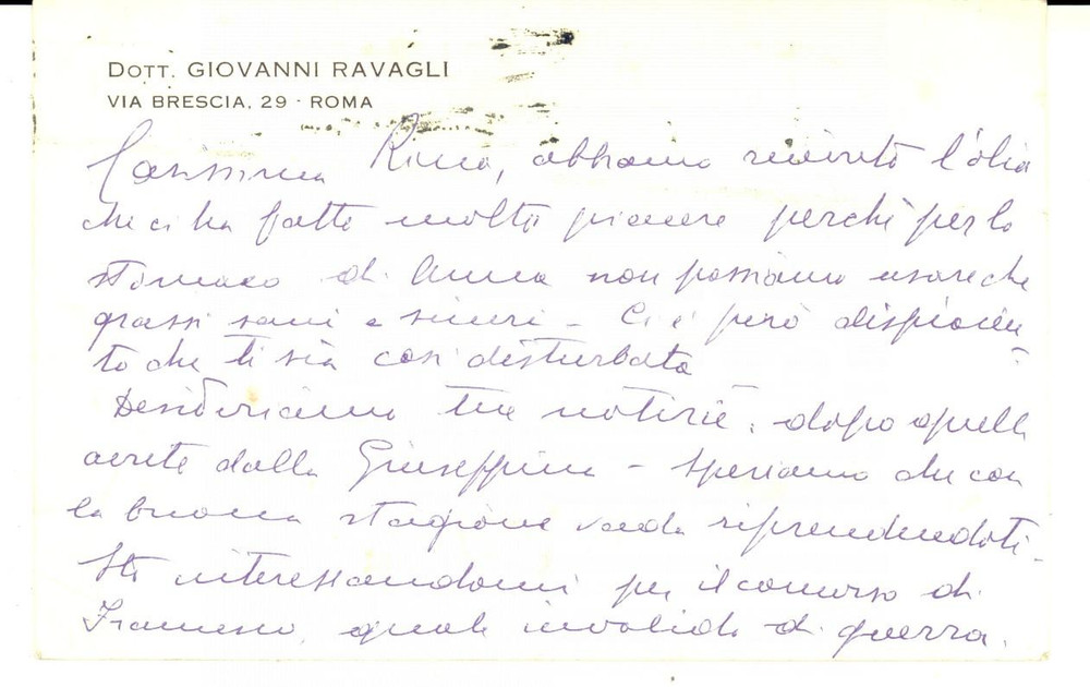 Autografo originale 1955 ROMA Dott. Giovanni RAVAGLI Cartolina a Rina BERTOLINI Autografo 1