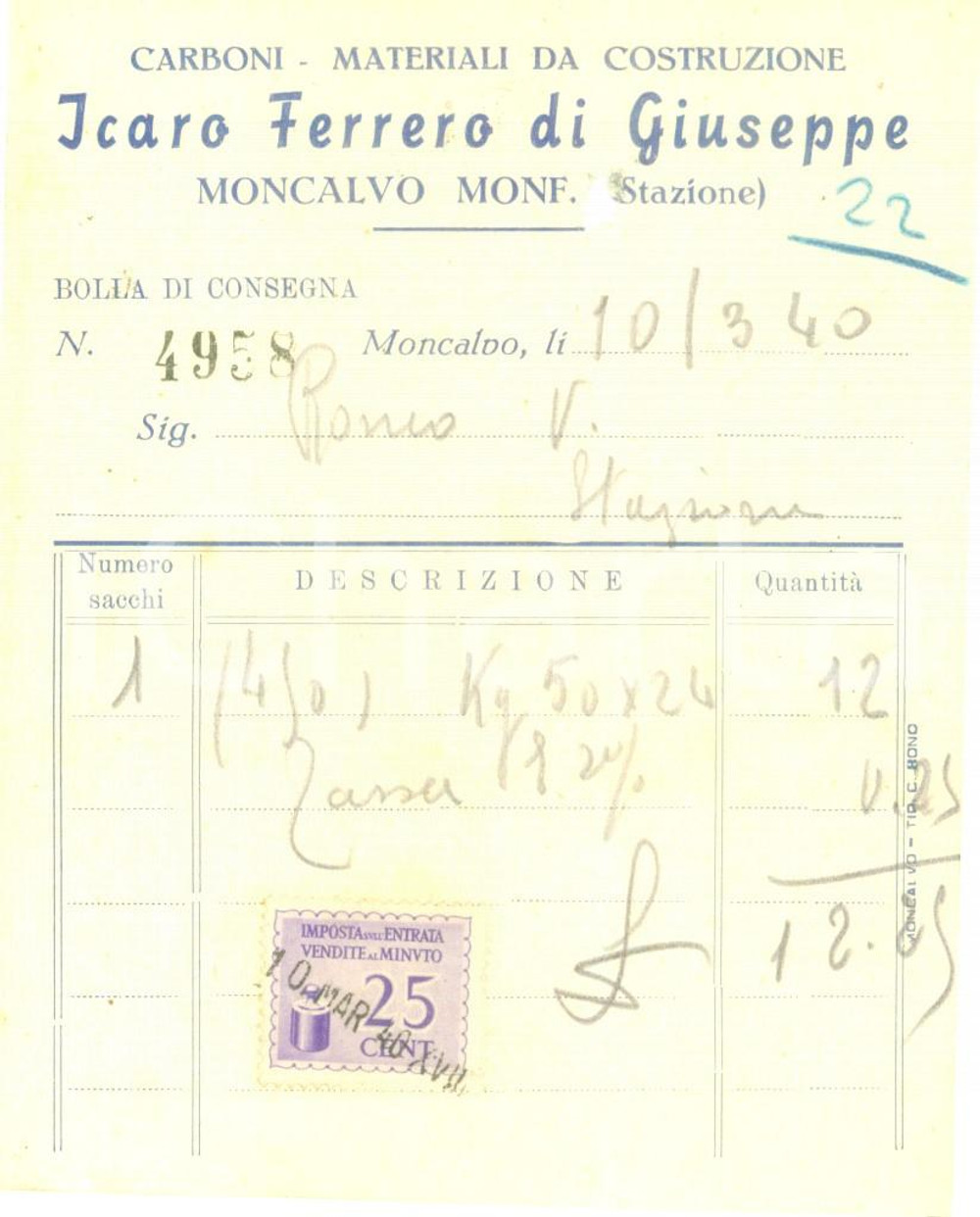 Documento originale, autentico 1940 MONCALVO AT Carboni materiali da costruzione Icaro FERRERO Fattura 1