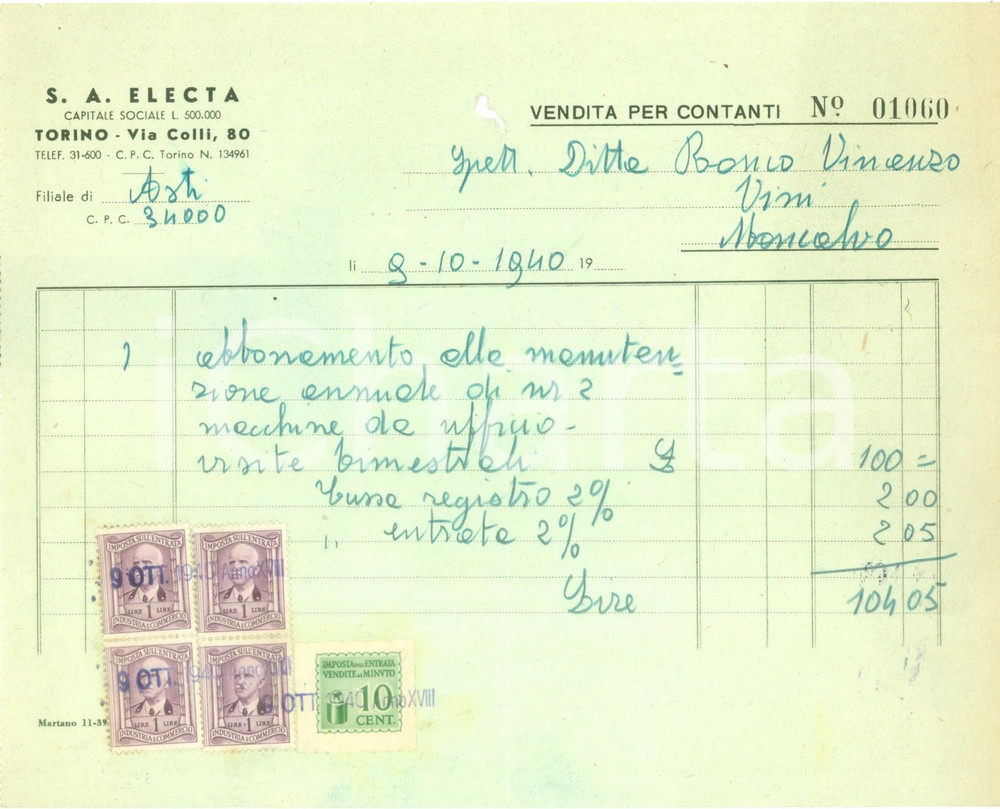 Documento originale, autentico 1940 TORINO SocietÃ  Anonima ELECTA Abbonamento manutenzione macchine da ufficio 1