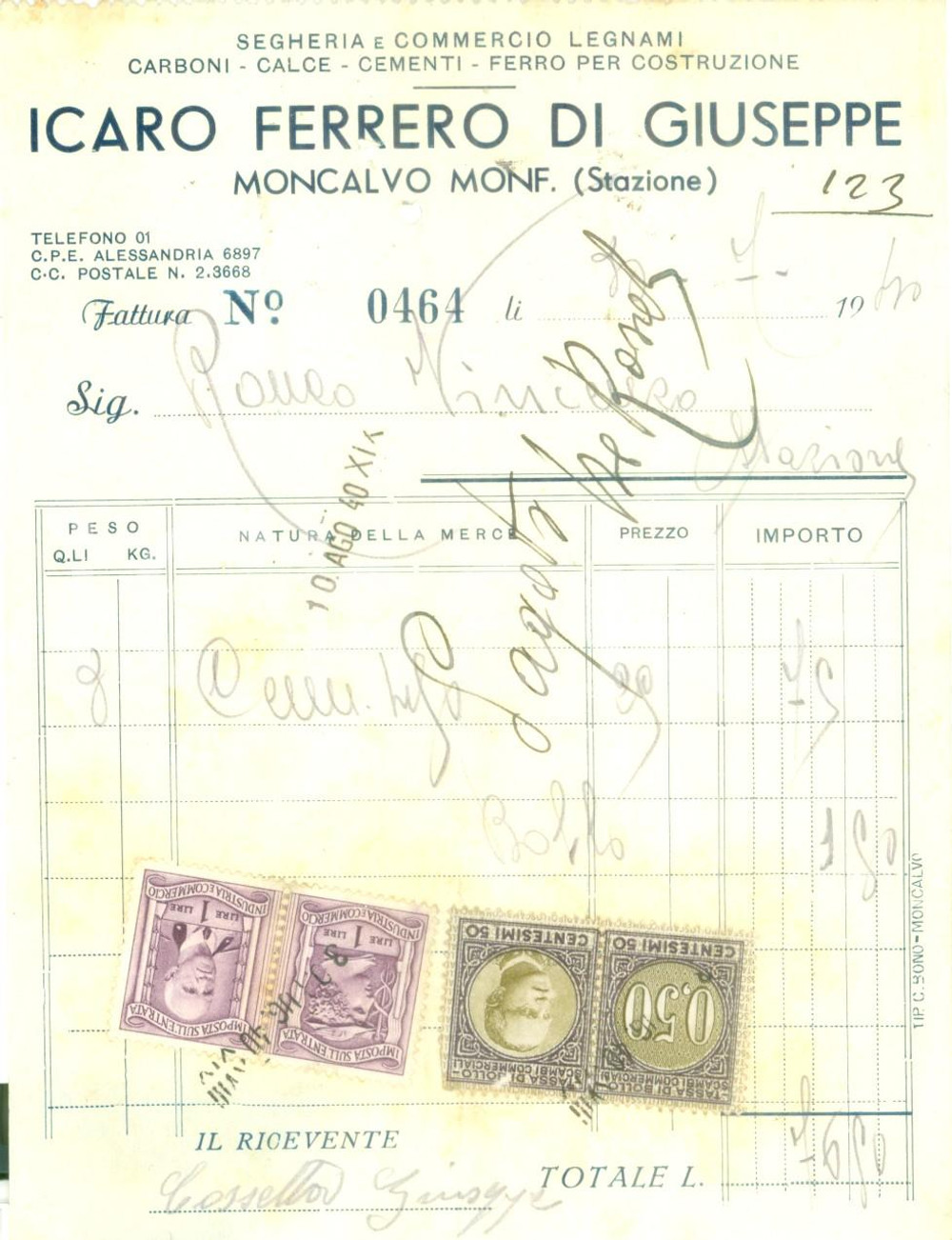 Documento originale, autentico 1940 MONCALVO AT Carboni materiali da costruzione Icaro FERRERO Fattura 1