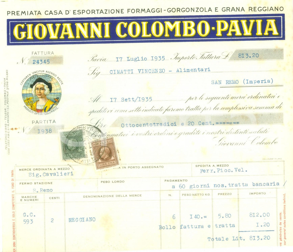 Documento originale, autentico 1935 PAVIA Giovanni COLOMBO Esportazione formaggi gorgonzola Fattura 1