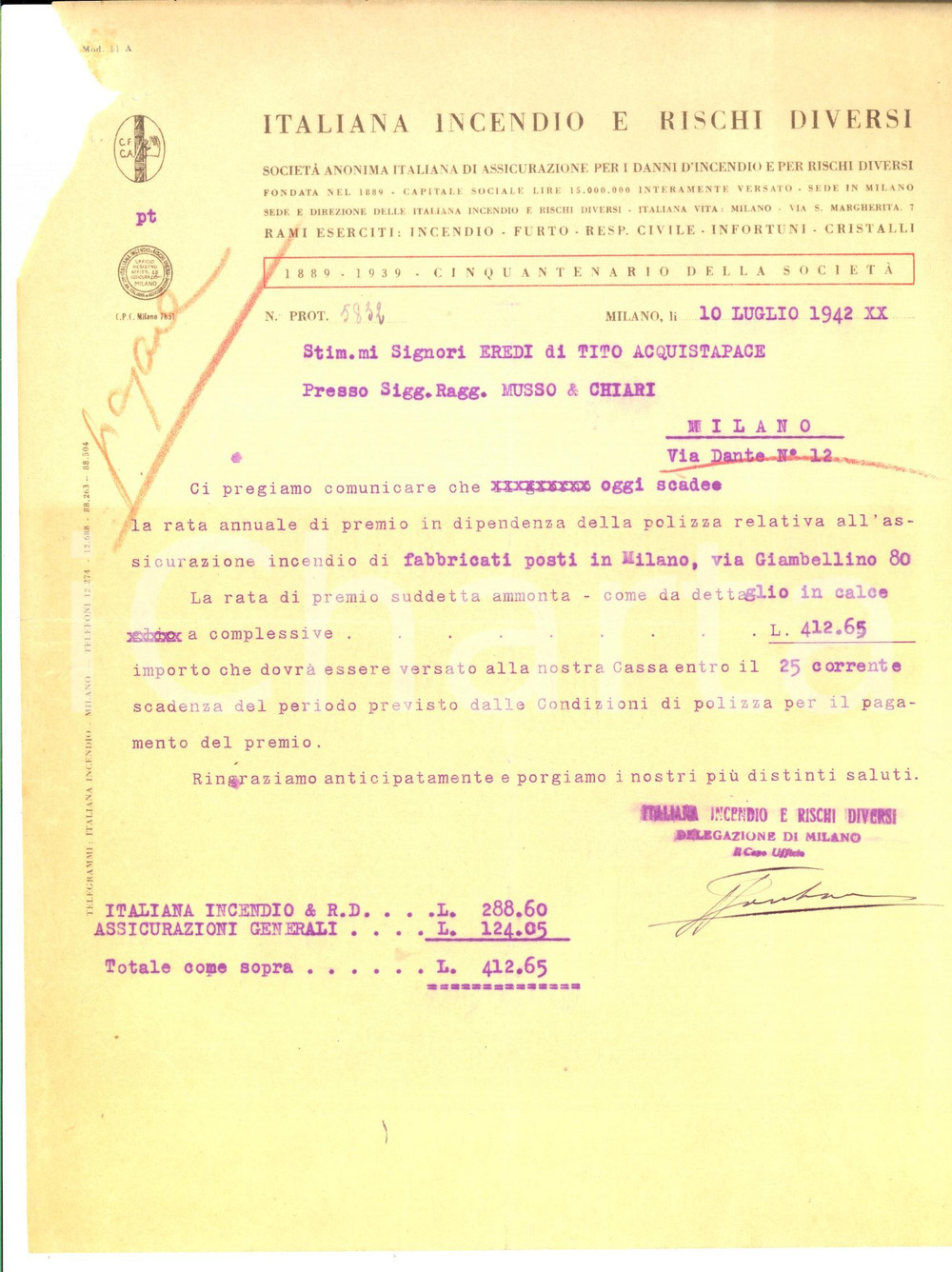 Documento originale, autentico 1942 MILANO Assicurazione ITALIANA INCENDIO e rischi diversi  Rinnovo polizza 1