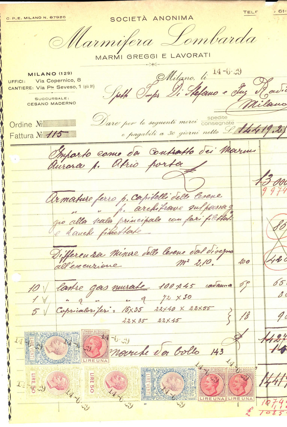 Documento originale, autentico 1929 MILANO SocietÃ  MARMIFERA LOMBARDA Marmi greggi Fattura intestata 1