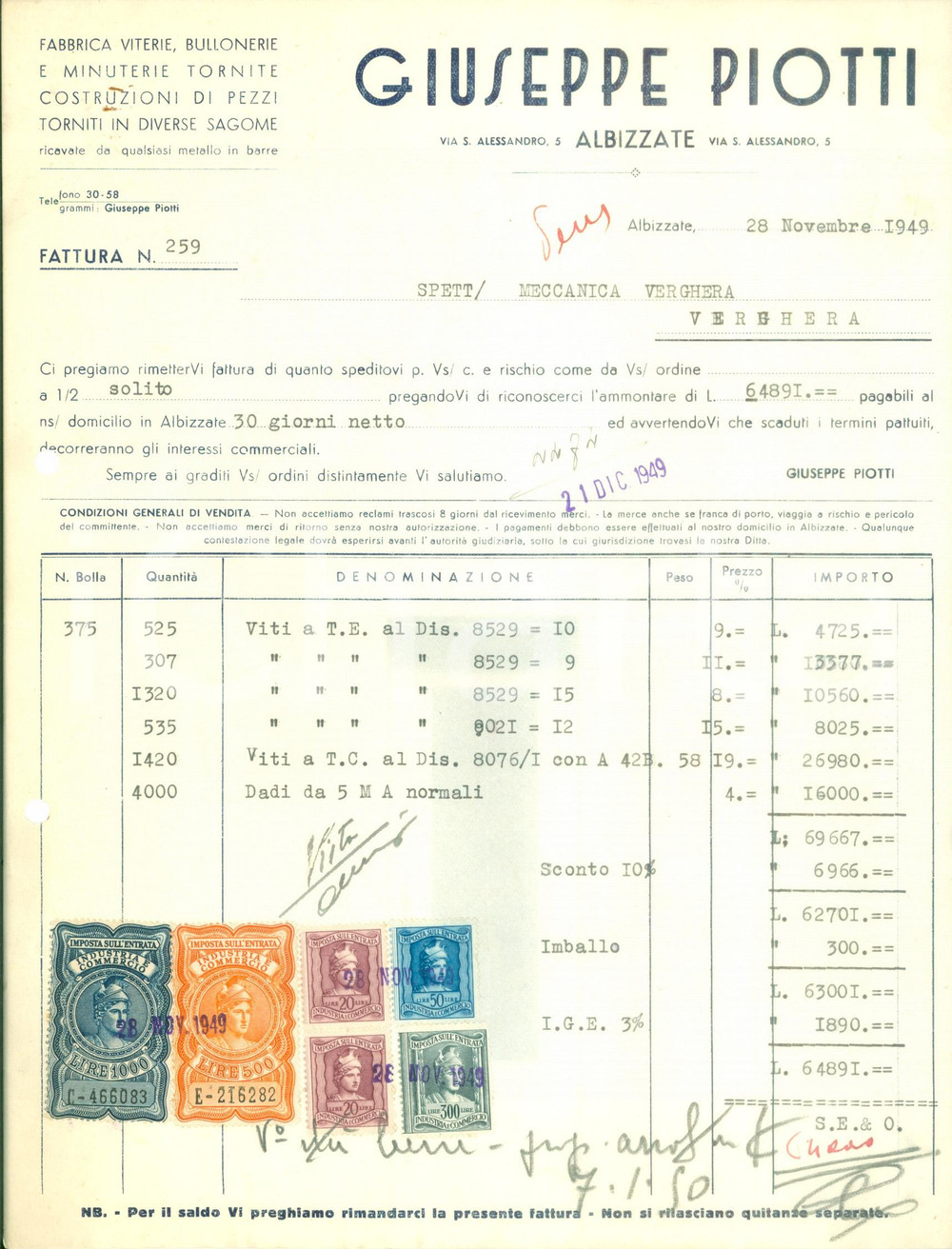 Documento originale, autentico 1949 ALBIZZATE VA Giuseppe PIOTTI Fabbrica viterie bullonerie minuterie Fattura 1
