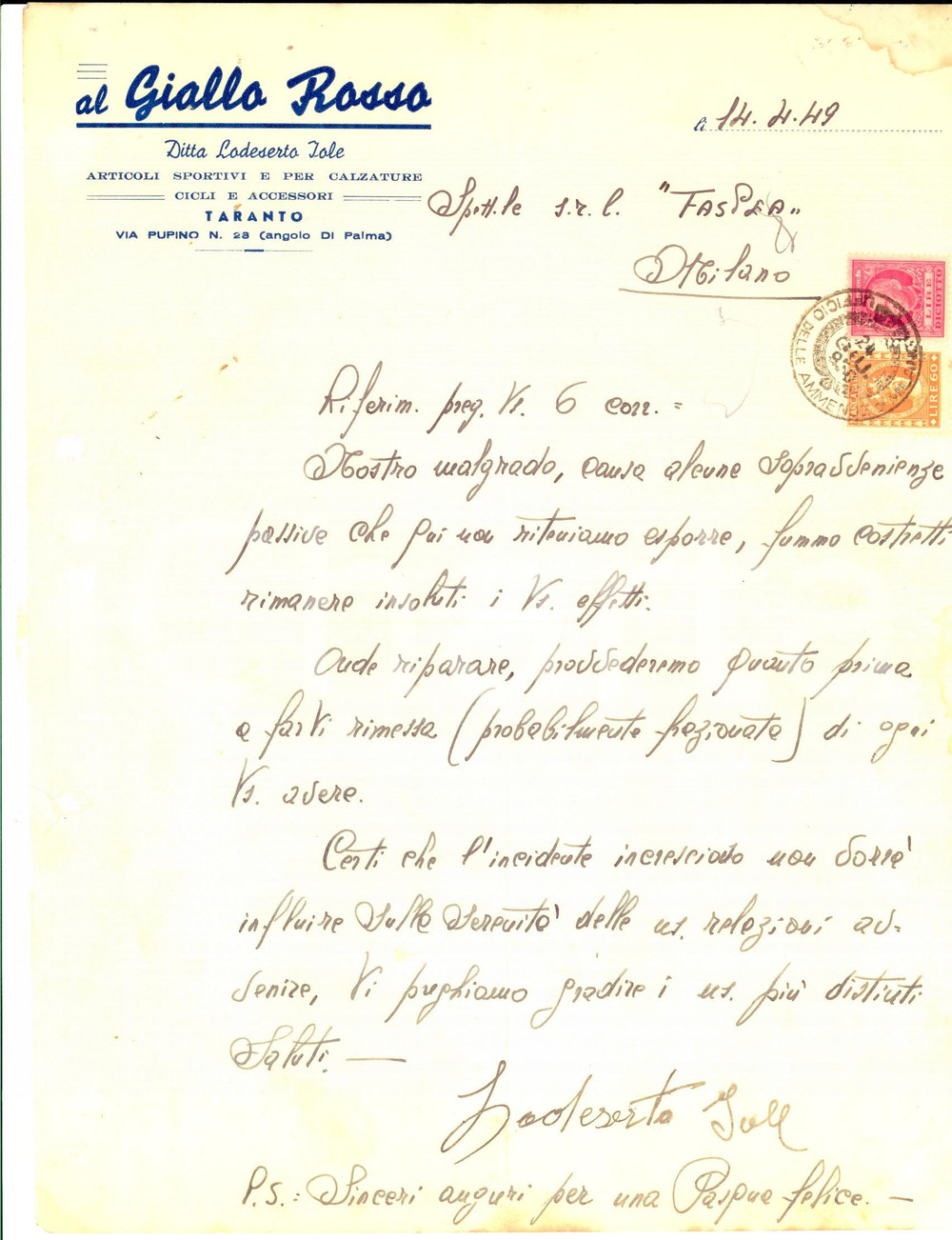 Manoscritto, lettera originale 1949 TARANTO Ditta Iole LODESERTO Al Giallo Rosso  Articoli per calzature 1