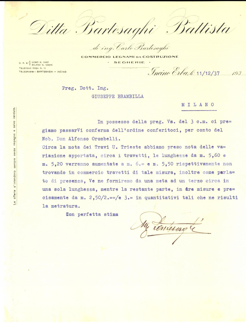 Manoscritto, lettera originale 1937 ERBA CO Ditta Battista BARTESAGHI di Carlo  Legnami da costruzione 1