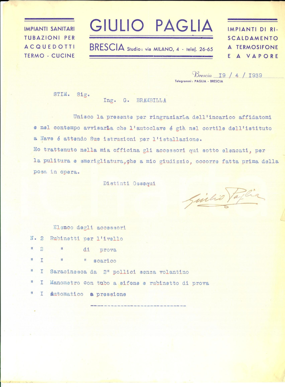 Manoscritto, lettera originale 1939 BRESCIA Ditta Giulio PAGLIA Impianti sanitari Lettera per smerigliatura 1