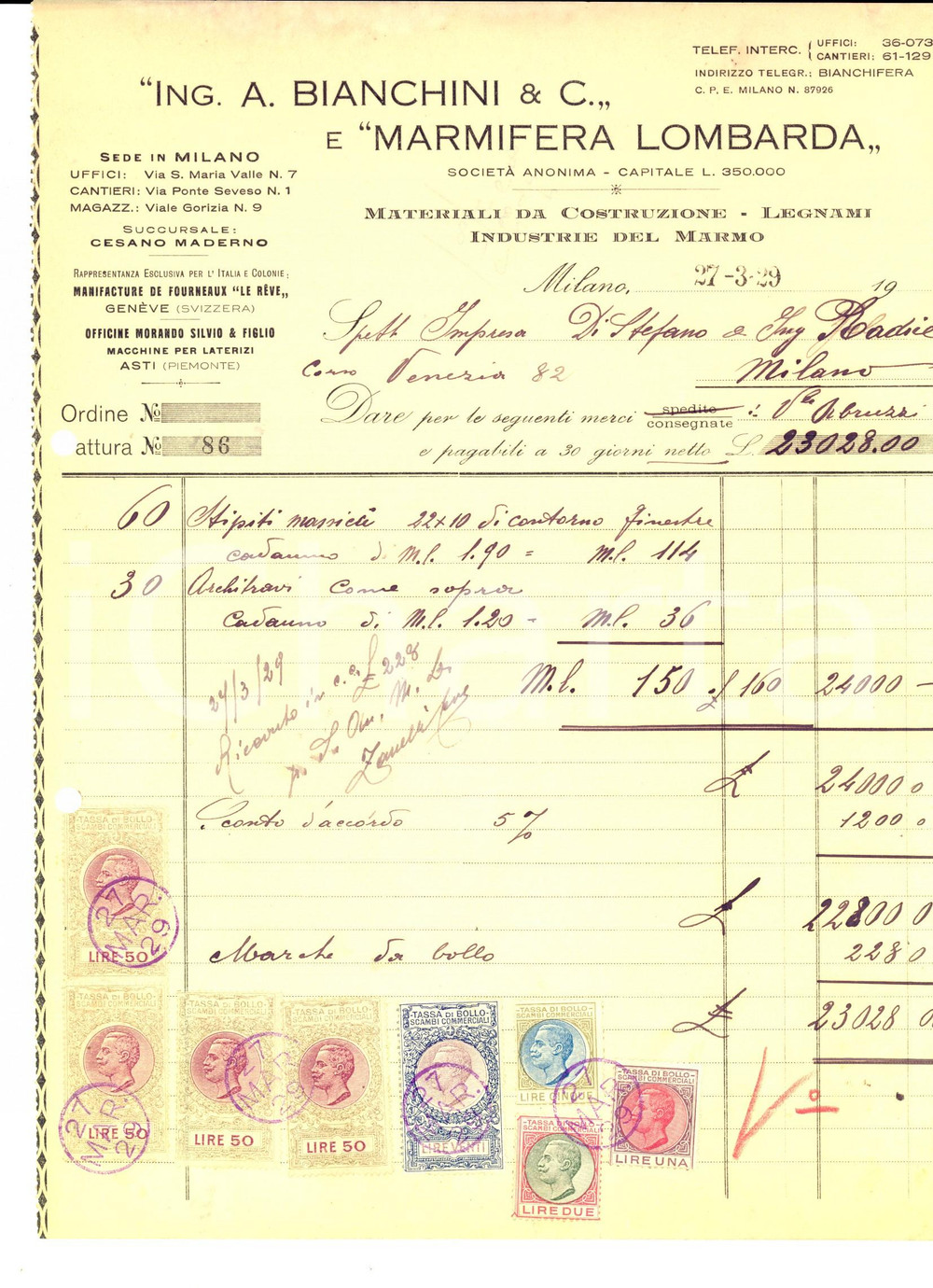 Documento originale, autentico 1929 MILANO Ing. A. BIANCHINI e SocietÃ  MARMIFERA LOMBARDA Fattura intestata 1