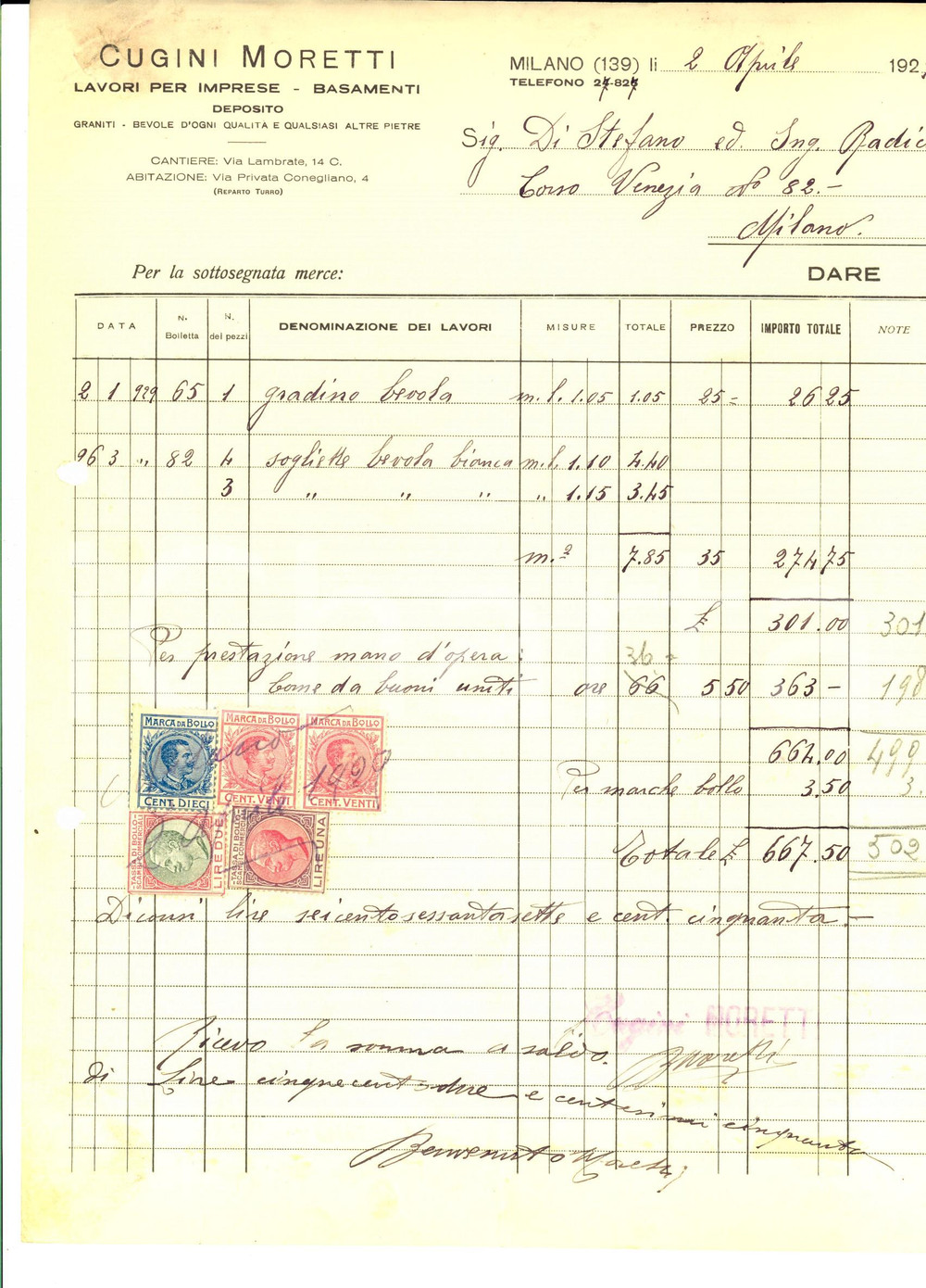 Documento originale, autentico 1929 MILANO Diita CUGINI MORETTI Lavori imprese  Basamenti Fattura intestata 1