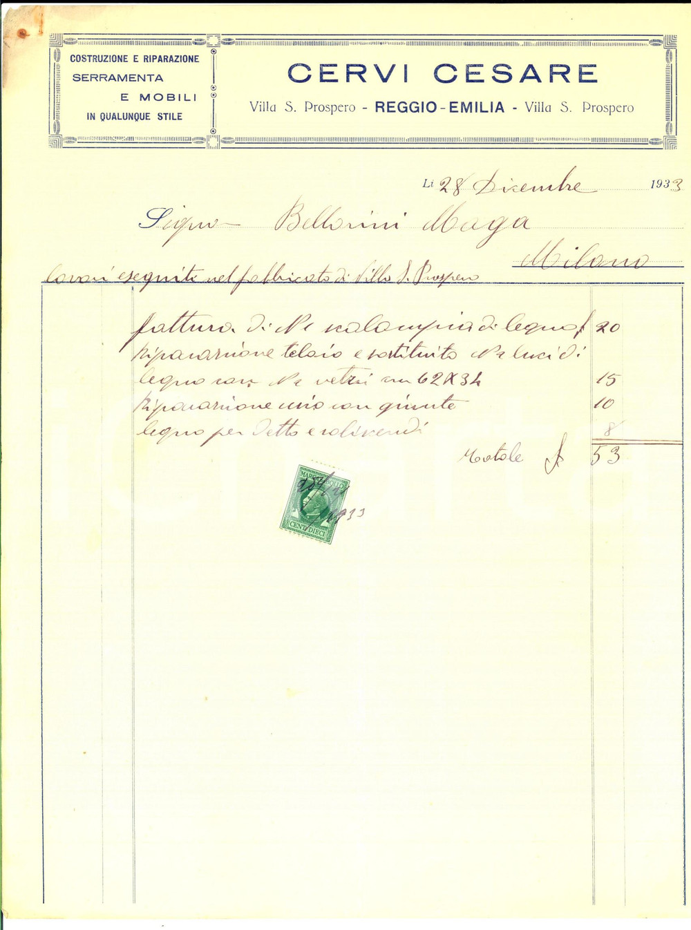 Manoscritto, lettera originale 1933 REGGIO EMILIA Villa San Prospero  Ditta Cesare CERVI serramenta e mobili 1