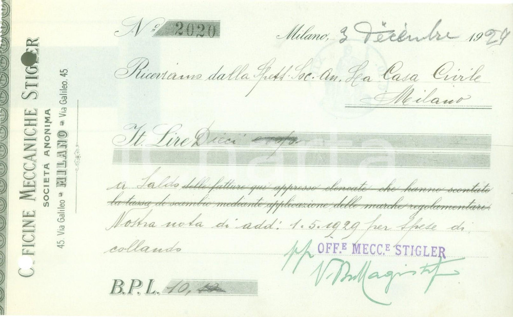 Documento originale, autentico 1929 MILANO Officine Meccaniche STIGLER Ricevuta di pagamento 1