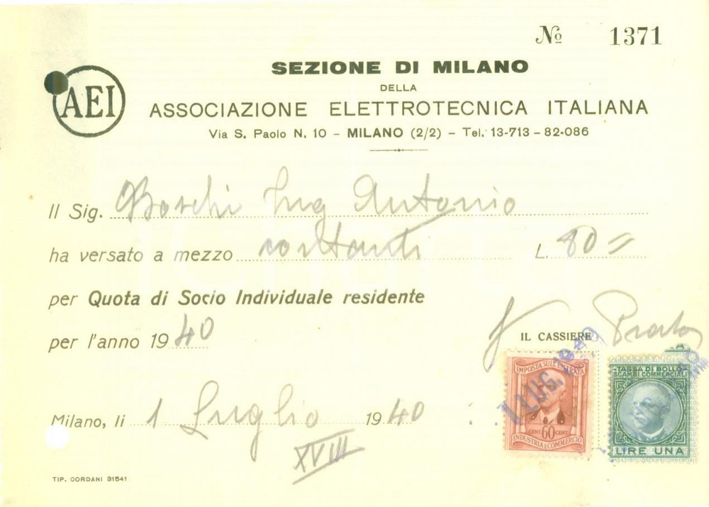 Documento originale, autentico 1940 MILANO Associazione Elettrotecnica Italiana Ricevuta per quota di socio 1